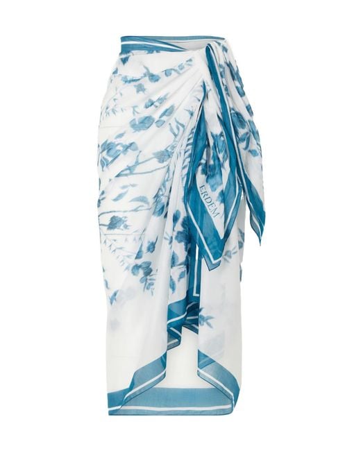 Erdem Blue Floral-Print Cotton-Voile Pareo