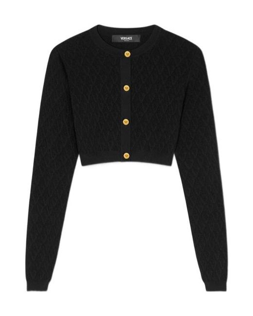 Versace Black Jacquard Stretch Viscose Knit Crop Cardigan