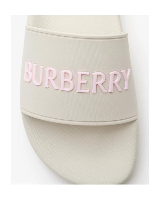 Burberry White Logo Detailed Slip-On Slides