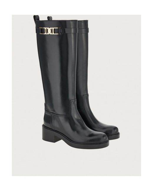 Ferragamo Black Gancini Round-Toe Knee Boots