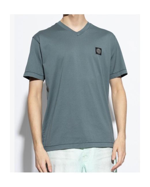 Stone Island Blue V-Neck T-Shirt for men