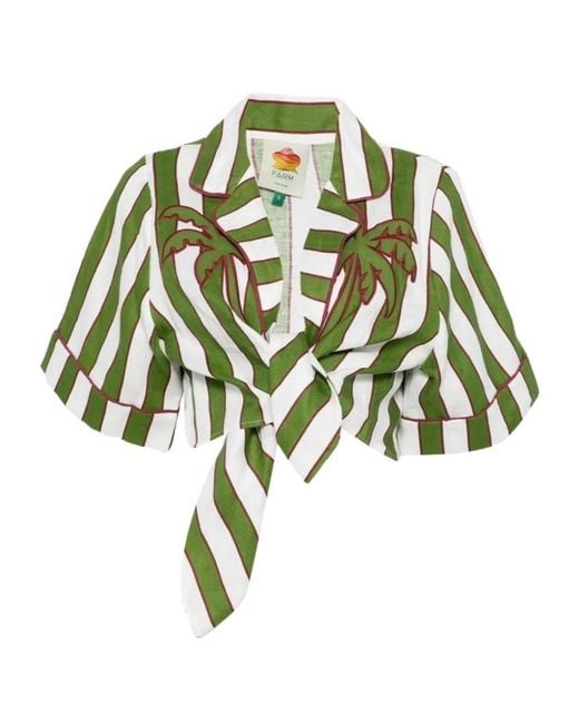 Farm Rio Green Striped Short-Sleeve Cropped Blouse
