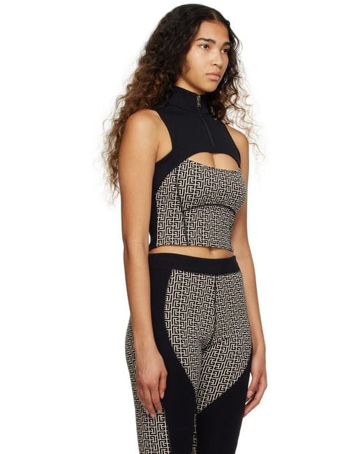 Balmain Black Monogram Printed Cut-Out Sports Tank Top