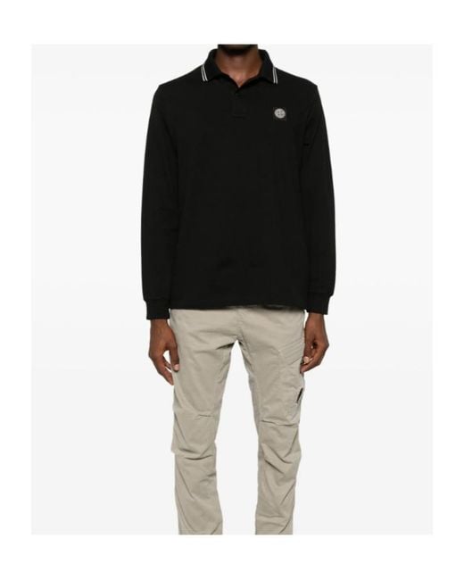 Stone Island Black Logo Long Sleeve Polo Shirt for men