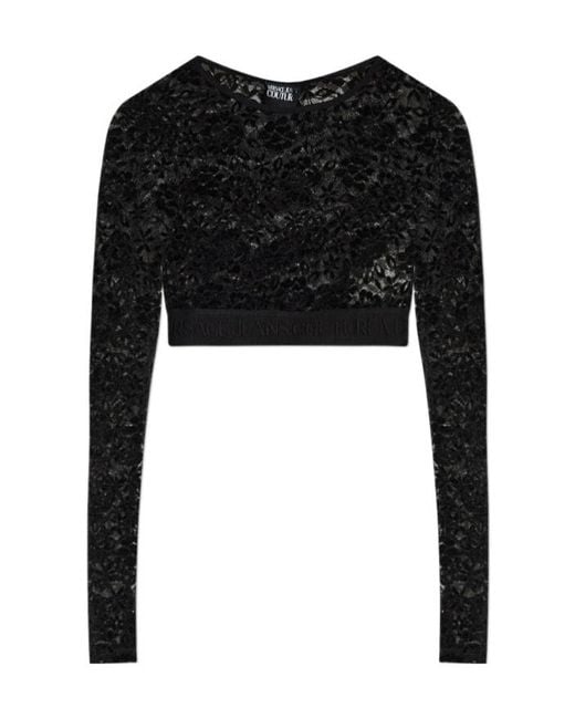 Versace Jeans Black Couture Long Sleeved Floral-Lace Cropped Top