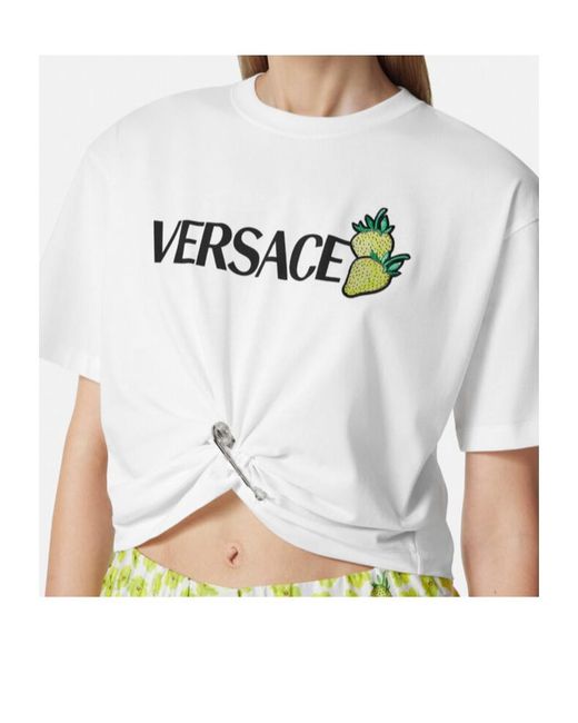 Versace White Strawberry-Motif Safety-Pin Detailed T-Shirt