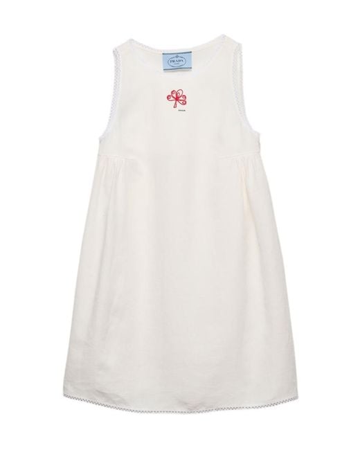 Prada White Embroidered Slubbed Canvas Mini-Dress
