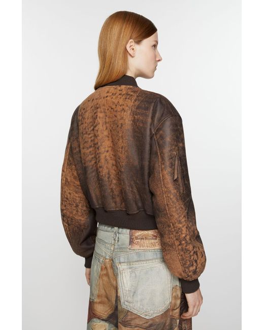 Acne Brown Abstract Printed Cropped Bomber Jacket