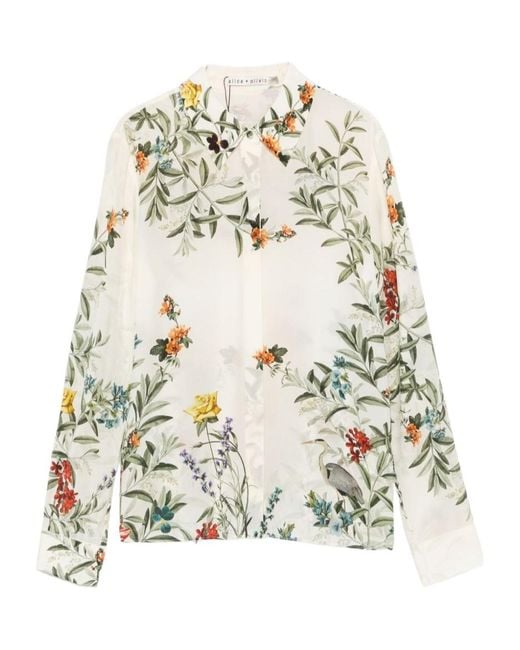 Alice + Olivia White Floral-Print Silk-Blend Shirt