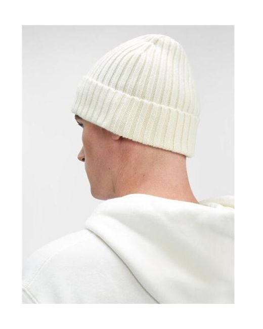 C P Company White Lambswool Logo Beanie for men
