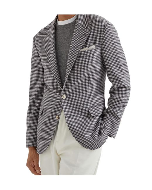 Brunello Cucinelli Gray Houndstooth Single-Breasted Blazer for men