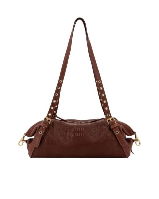 Miu Miu Brown Embossed Logo Lettering Shoulder Bag