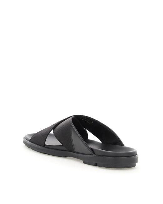 Prada Brown Brushed Leather And Nylon Tape Crisscross Slides for men