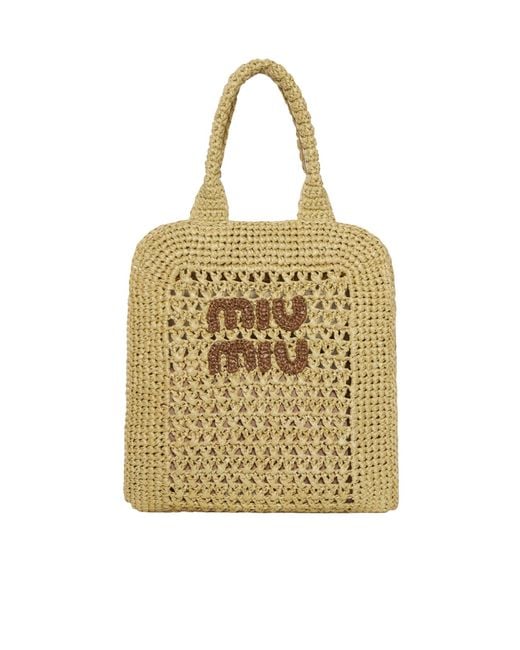 Miu Miu Metallic Raffia-Effect Woven Tote Bag