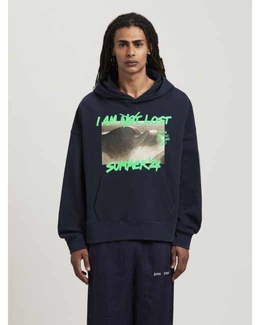 Palm Angels Blue Graphic-Print Cotton Hoodie for men