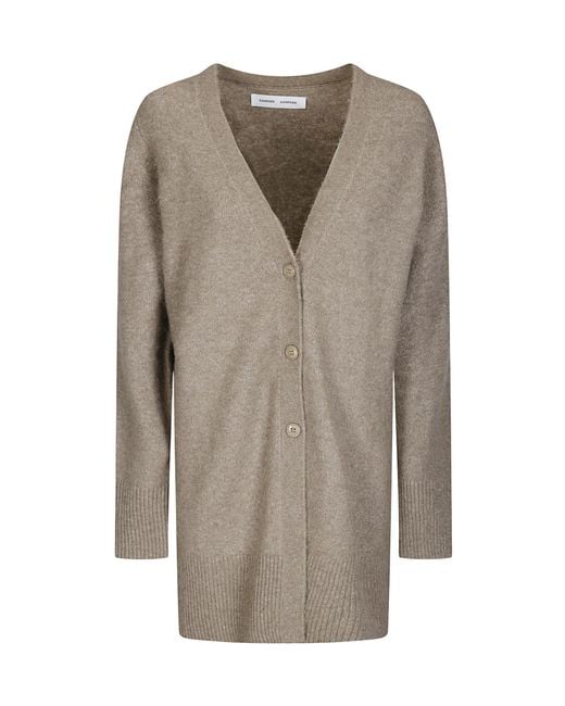 Samsøe & Samsøe Gray V-Neck Mid-Length Knit Cardigan
