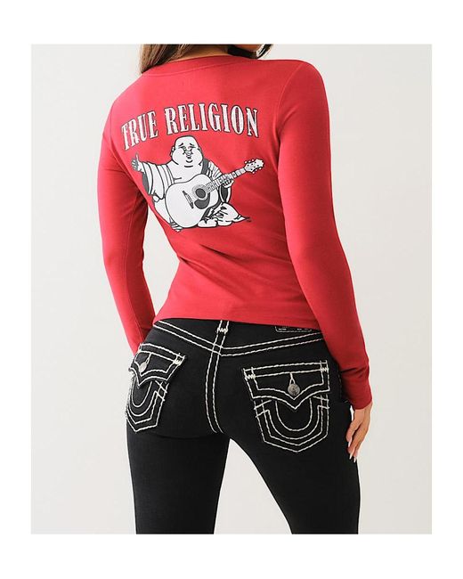 True Religion Red V Neck Shirt Women's True Religion Crystal