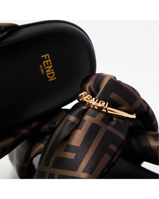 Fendi Brown Logo Satin Slippers