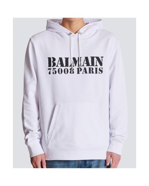 Balmain White Logo Stamp Printed Hoodie for men