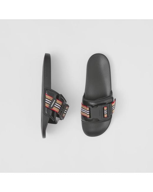 Burberry White Icon Stripe Buckled Slides for men