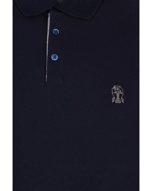 Brunello Cucinelli Blue Embroidered Cotton Polo Shirt for men