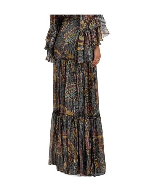Etro Multicolor Printed Tiered Metallic Silk Midi Skirt