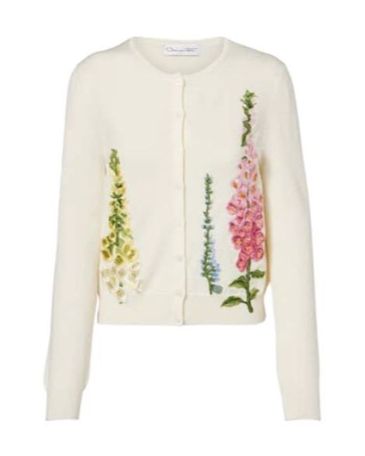 Oscar de la Renta White Foxgloves Embroidered Virgin Wool Cardigan