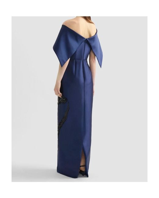 Erdem Blue Embellished Mikado Off-The-Shoulder Gown