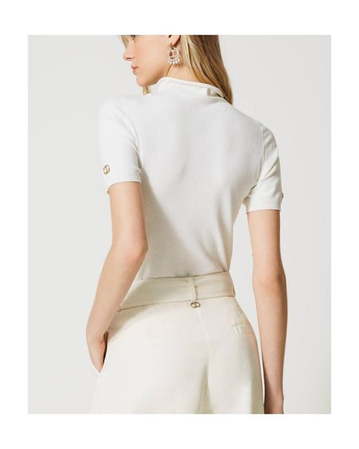 Twinset White Logo-Plaque Short-Sleeve Jumper