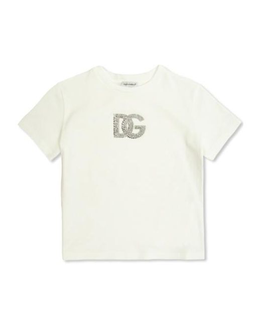 Dolce & Gabbana White Kids Logo Embellished Crewneck T-Shirt