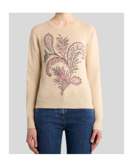 Etro Natural Wool And Cashmere Sweater With Embroidery
