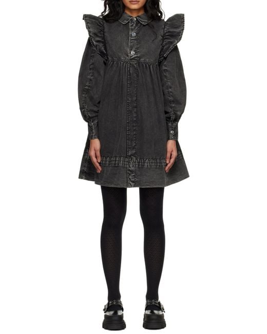 Ganni Black Ruffled Washed Mini Shirt Dress