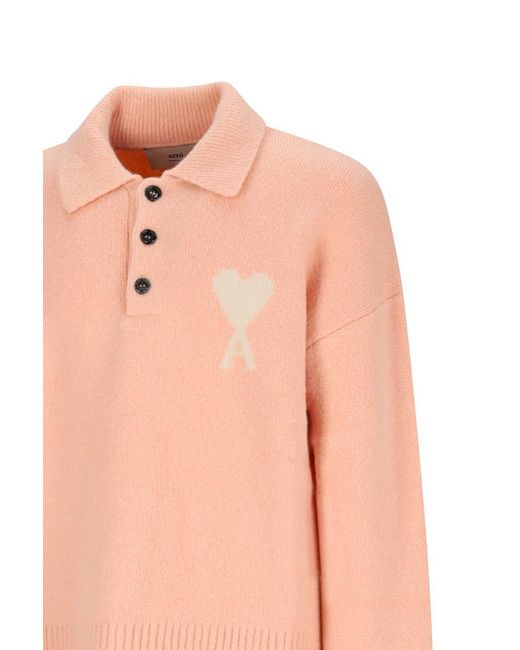 AMI Pink Ami De Coeur Logo Intarsia Knitted Jumper for men