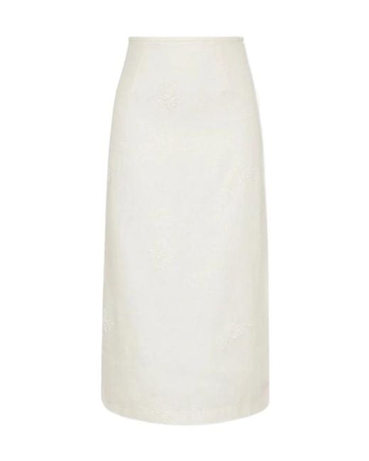Sir White Floral-Embroidered Midi Skirt