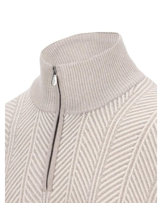 Brunello Cucinelli White Half-Zip Chevron Jumper for men