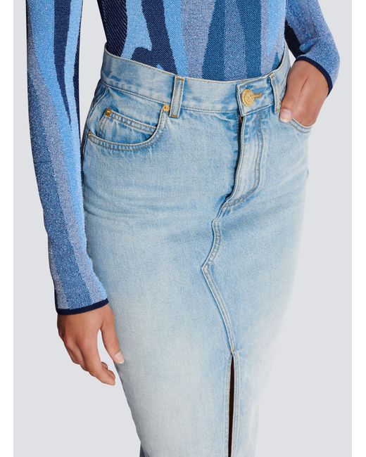 Balmain Blue Denim Midi Skirt
