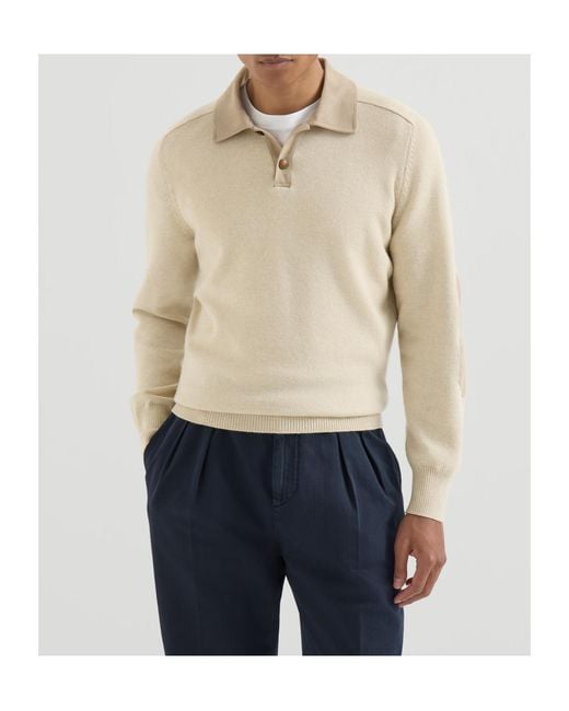 Brunello Cucinelli Natural Cashmere Knit Polo With Suede Collar for men