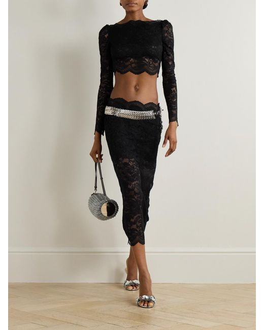 Rabanne Black Long Sleeved Cropped Laced Top