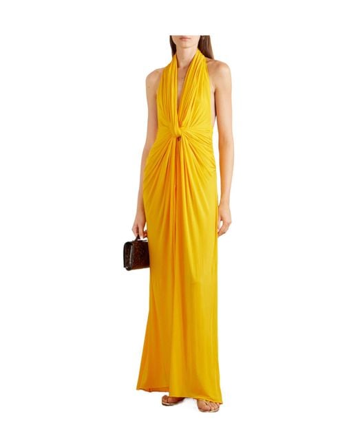 Alex Perry Yellow Halterneck Ruched Jersey Gown