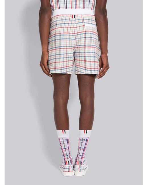 Thom Browne Blue Gingham-Check Drawstring Tweed Shorts for men