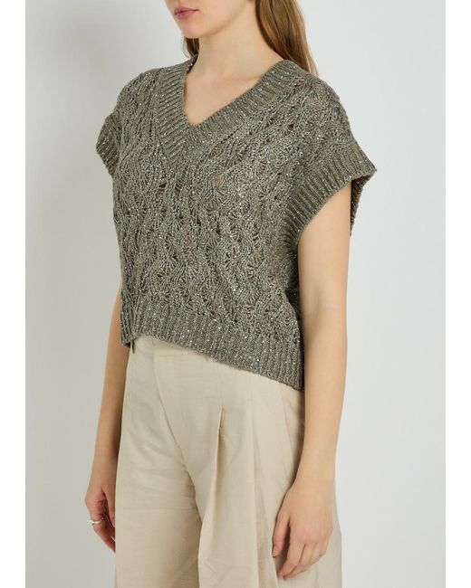 Brunello Cucinelli Green Sequin V-Neck Knit Vest