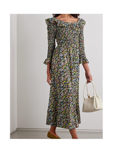 Doen Green Ruffled Floral Print Midi Dress