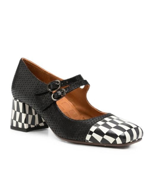 Chie Mihara Black Volcano Check-Pattern Double-Strap Pumps