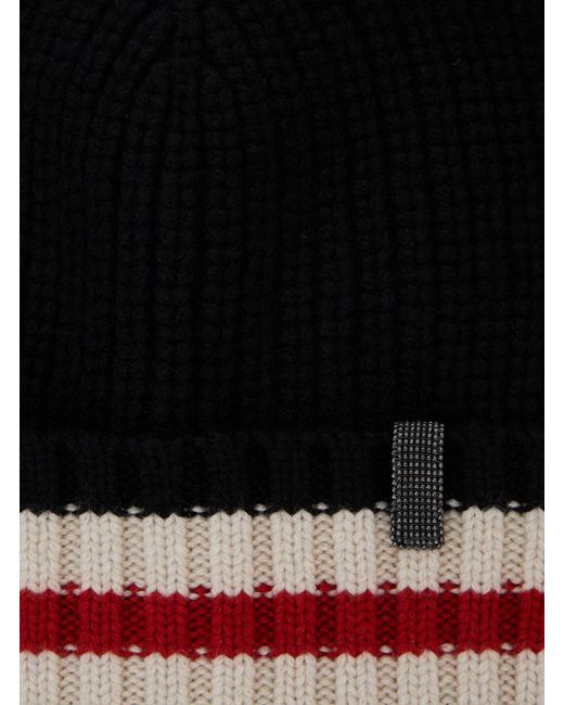 Brunello Cucinelli Black Stripe-Detailed Beanie