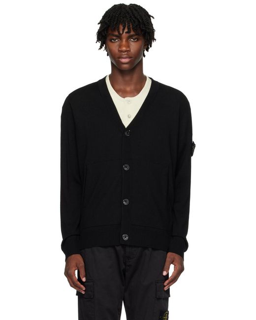 Stone Island Black Compass-Motif Virgin Wool Cardigan for men