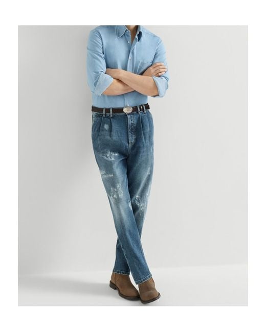 Brunello Cucinelli Blue Comfort Cotton Denim Iconic-Fit Five-Pocket Trousers With Double Pleats And Rips for men