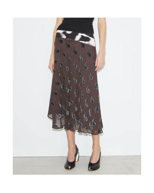 Tory Burch Gray Paisley-Pattern Asymmetric Midi Skirt