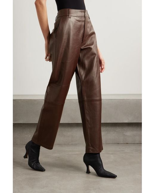 Goldsign Brown High Waist Straight Leg Leather Pants