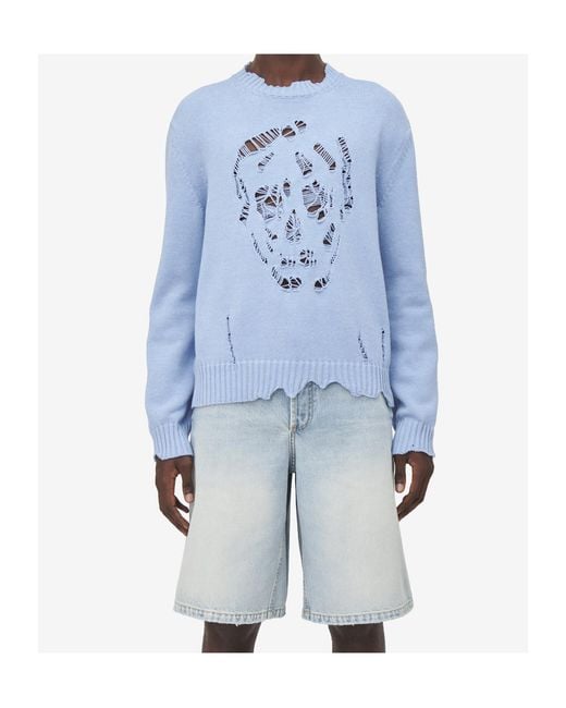 McQueen Blue Skull Distressed Knitted Jumper for men