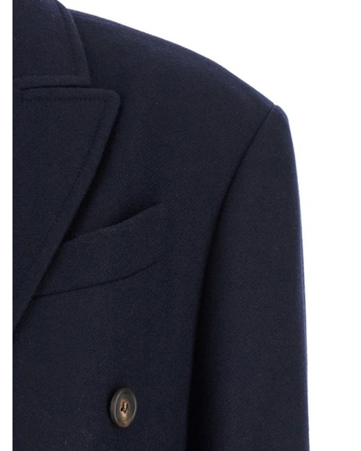 Brunello Cucinelli Blue Double-Breasted Long Coat With Peak Revers